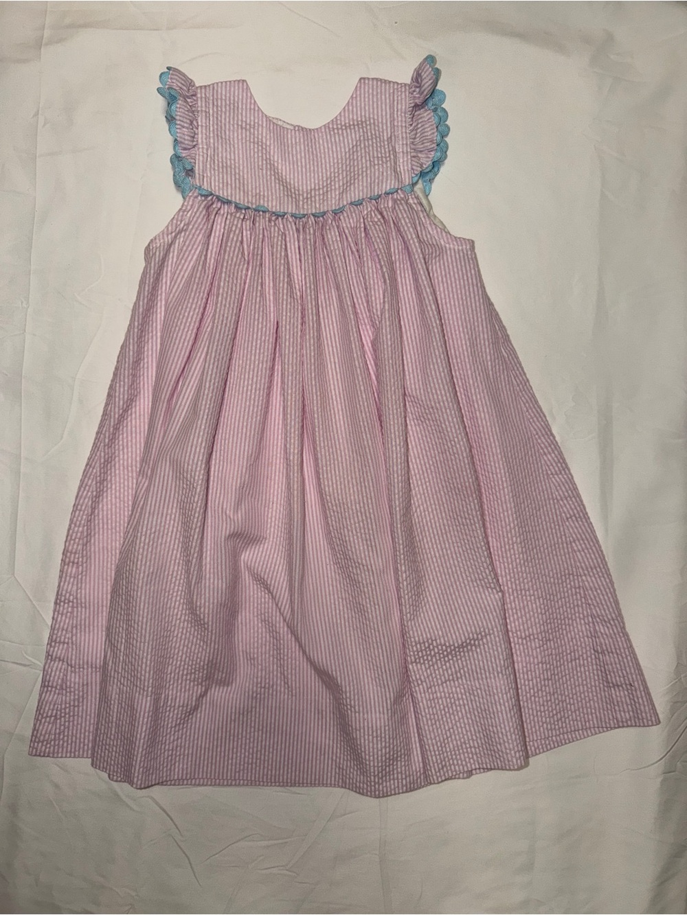 Bailey Boys Pink Seersucker Ruffled Sundress with Blue Trim